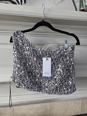 AKIRA Silver Sequin One Shoulder Crop Top NWT Festival Party Women's Size S